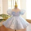 Sparkly Sky Blue Laser Sequins Birthday Short Sleeve Flower Girl Dresses 2022 Ball Gown Scoop Neck Puffy Short Flower Girl Dresses