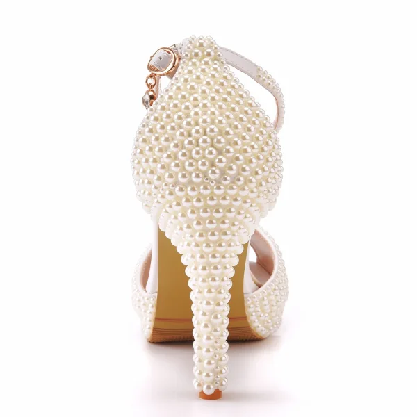 Chic / Beautiful White Pearl Wedding Shoes 2023 10 cm Stiletto Heels Open / Peep Toe Wedding Sandals High Heels