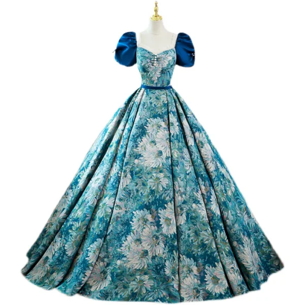 Elegant Pool Blue Printing Prom Dresses 2022 Ball Gown Square Neckline Puffy Short Sleeve Backless Bow Sash Floor-Length / Long Prom Formal Dresses
