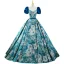 Elegant Pool Blue Printing Prom Dresses 2022 Ball Gown Square Neckline Puffy Short Sleeve Backless Bow Sash Floor-Length / Long Prom Formal Dresses