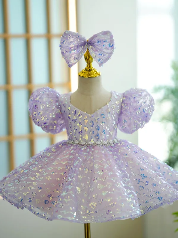 Bling Bling Lavender Sequins Short Birthday Flower Girl Dresses 2023 Ball Gown V-Neck Puffy Short Sleeve Backless