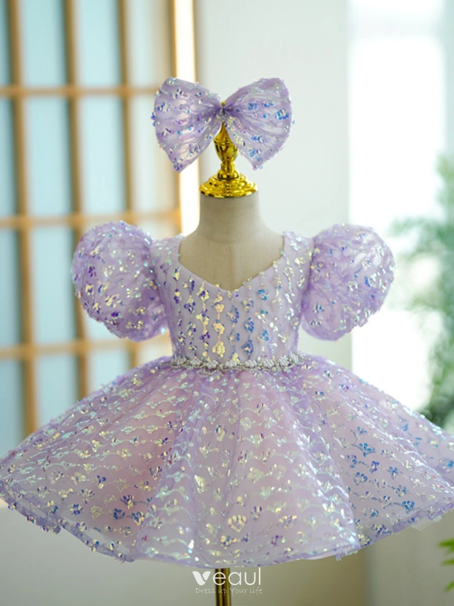 Bling Bling Lavender Sequins Short Birthday Flower Girl Dresses 2023 Ball  Gown V-Neck Puffy Short Sleeve Backless