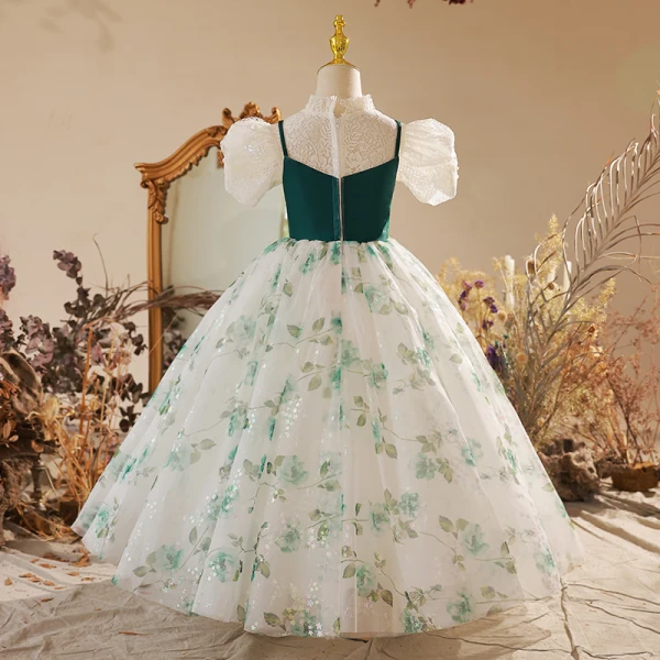 Chic / Belle Vert Foncé Floral Promo Robe Ceremonie Fille 2022 Robe Boule Col Haut Perlage Perle En Dentelle Fleur Gonflée Manches Courtes Longue Robe Ceremonie Fille