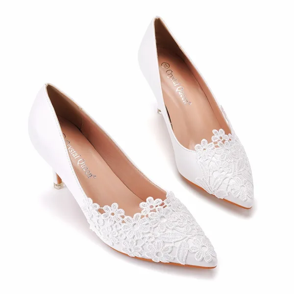 Elegant White Lace Flower Wedding Shoes 2023 7 cm Stiletto Heels Pointed Toe Wedding Pumps High Heels Wedding Shoes