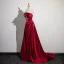 Chinese style Burgundy Lace Flower Appliques Prom Dresses 2024 A-Line / Princess Strapless Sleeveless Backless Sweep Train Satin Prom Formal Dresses