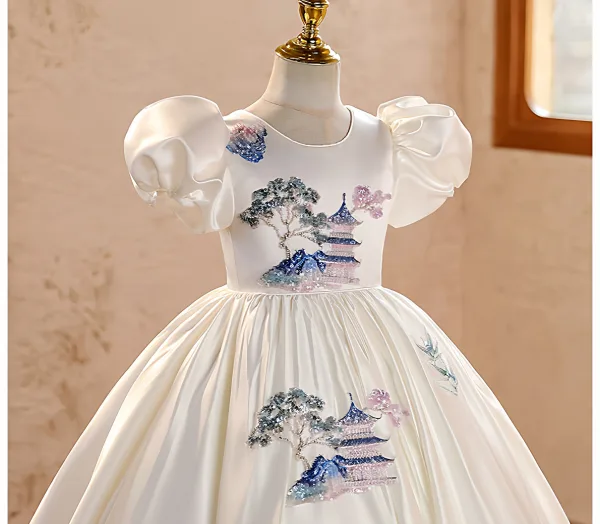 Elegant White Embroidered Birthday Flower Girl Dresses 2026 Ball Gown Scoop Neck Puffy Short Sleeve Backless Floor-Length / Long