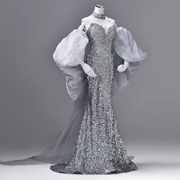 Sexy Scintillantes Argenté Perlage Paillettes Robe De Soirée 2026 Trompette / Sirène Amoureux Gonflée Manches Courtes Dos Nu Train De Balayage Robe De Ceremonie