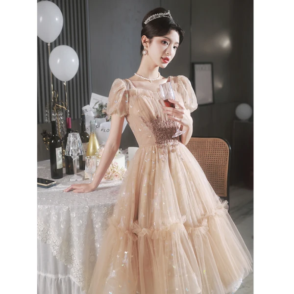 Chic / Beautiful Khaki Beading Sequins Prom Dresses 2023 A-Line / Princess Square Neckline Short Sleeve Backless Floor-Length / Long Prom Formal Dresses