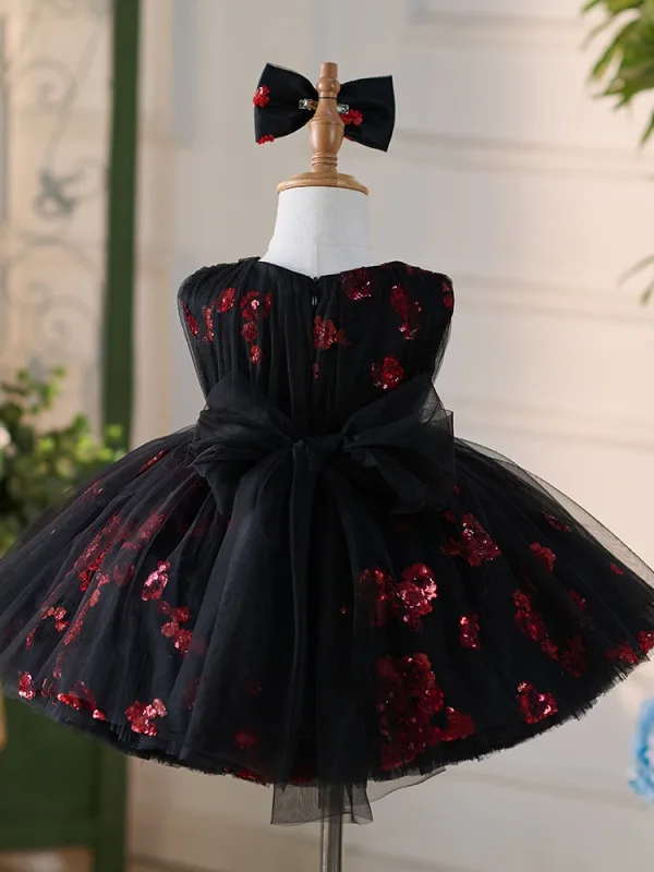 Chic / Beautiful Black Red Sequins Birthday Flower Girl Dresses 2024 Ball Gown Scoop Neck Sleeveless Short Bow