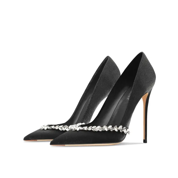 Fine Svart Aften Rhinestone Pumps 2024 Lær 10 cm Stiletthæler Spisse Pumps Høyhælte