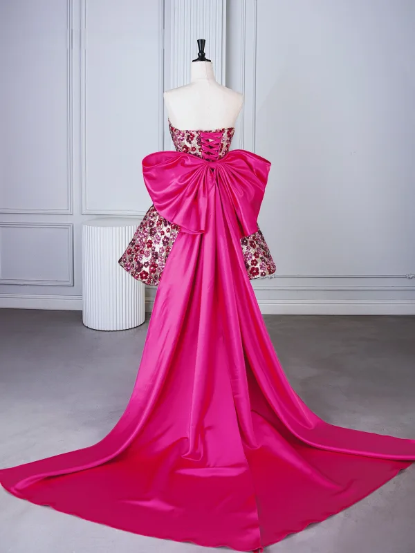 Sexy Fuchsia Sequins Flower Evening Party Cocktail Party Party Dresses 2025 Ball Gown Strapless Sleeveless Backless Bow Knee-Length Formal Dresses