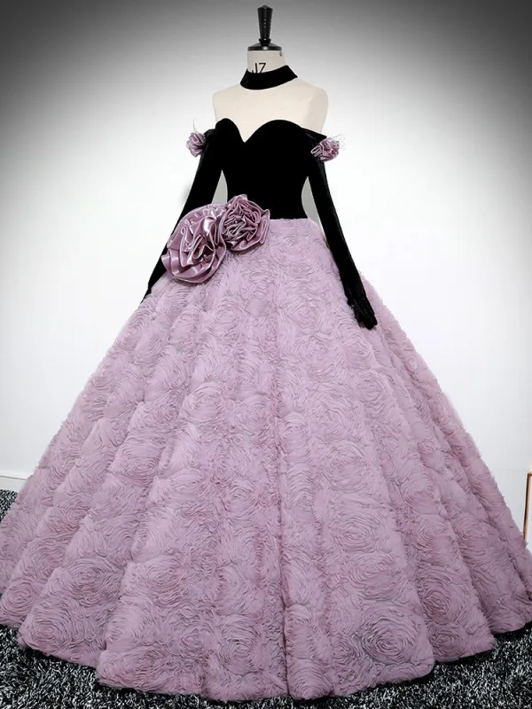 Audrey Hepburn Style Lavender Appliques Prom Dresses 2024 Ball Gown Off-The-Shoulder Long Sleeve Backless Sweep Train Prom Formal Dresses
