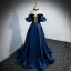 Elegant Navy Blue Suede Prom Dresses 2022 A-Line / Princess Off-The-Shoulder Puffy Short Sleeve Backless Sweep Train Formal Dresses