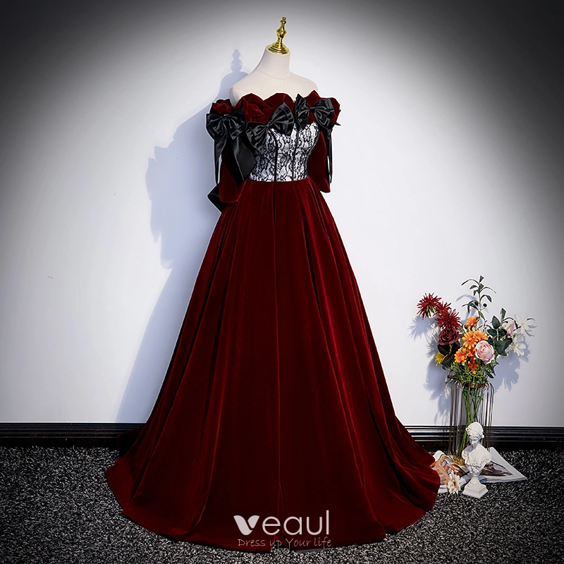 Elegant Burgundy Suede Velour Prom Dresses 2023 A-Line Princess Off-The-Shoulder Short