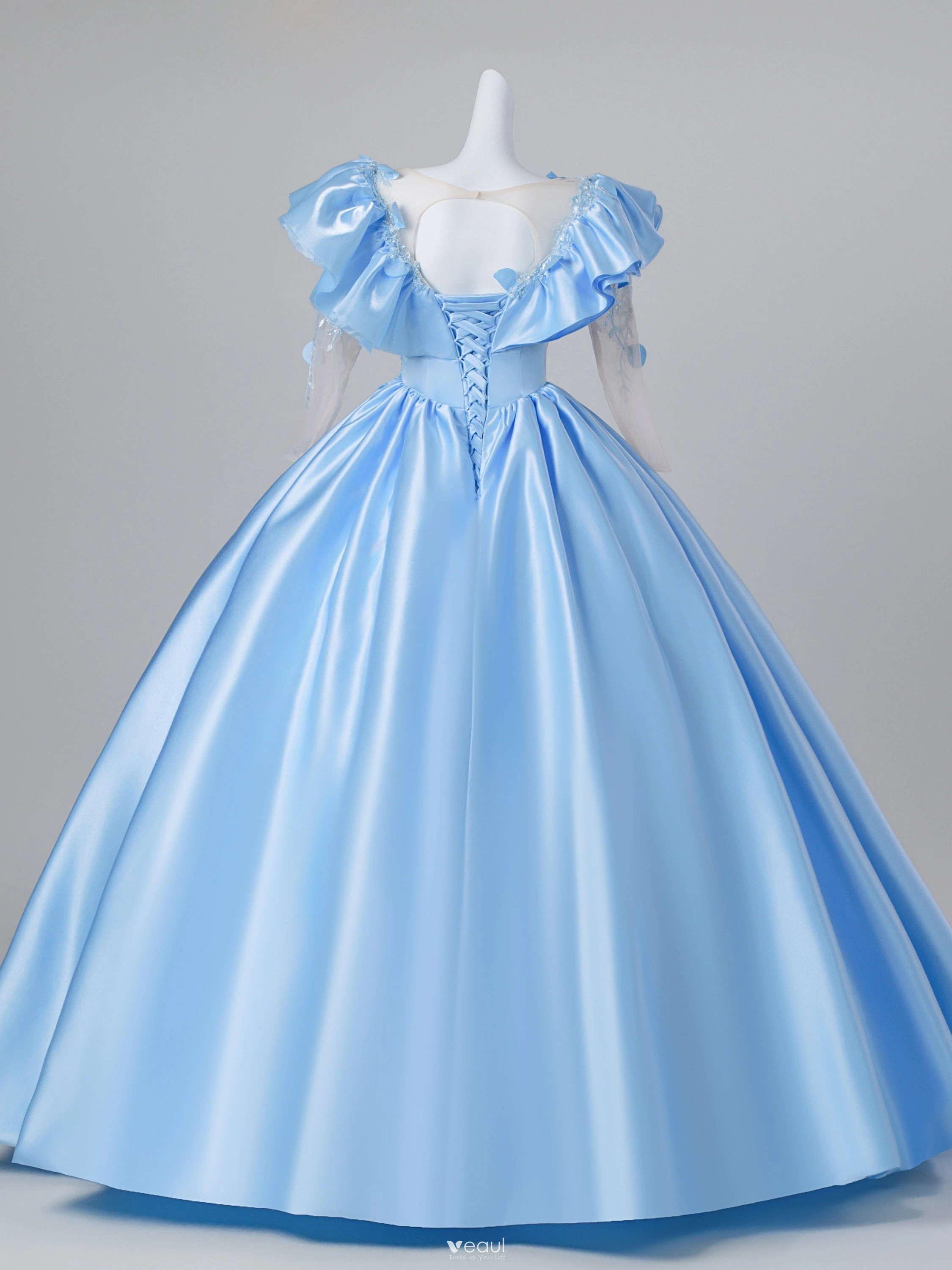 Elegant Sky Blue Beading Sequins Lace Flower Prom Dresses 2026 Ball Gown Scoop Neck 3/4 Sleeve Backless Floor-Length / Long Formal Dresses Elegant Sky Blue Beading Sequins Lace Flower Prom Dresses 2026 Ball Gown Scoop Neck 3/4 Sleeve Backless Floor-Length / Long Formal Dresses