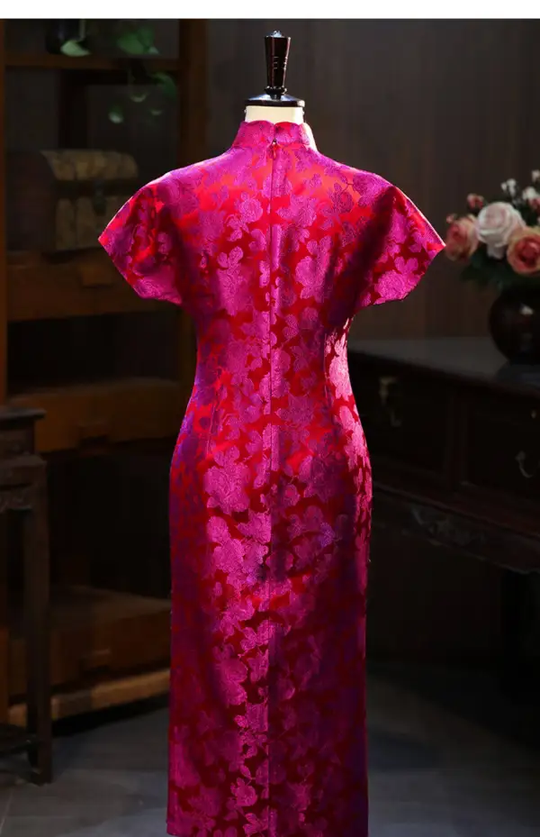 Chinese style Fuchsia Printing Tea-length Silk Evening Party Cheongsam 2026 Trumpet / Mermaid High Neck Short Sleeve