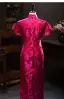 Chinese style Fuchsia Printing Tea-length Silk Evening Party Cheongsam 2026 Trumpet / Mermaid High Neck Short Sleeve
