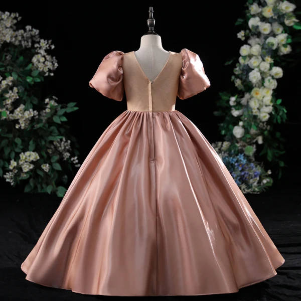 Chic / Beautiful Blushing Pink Satin Flower Girl Dresses 2022 Ball Gown V-Neck Puffy Short Sleeve Backless Floor-Length / Long Prom Flower Girl Dresses