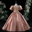 Chic / Beautiful Blushing Pink Satin Flower Girl Dresses 2022 Ball Gown V-Neck Puffy Short Sleeve Backless Floor-Length / Long Prom Flower Girl Dresses