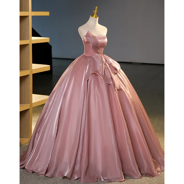 Simple Rose Sombre Organza Robe De Bal 2023 Robe Boule Bustier Sans Manches Dos Nu Longue Promo Robe De Ceremonie