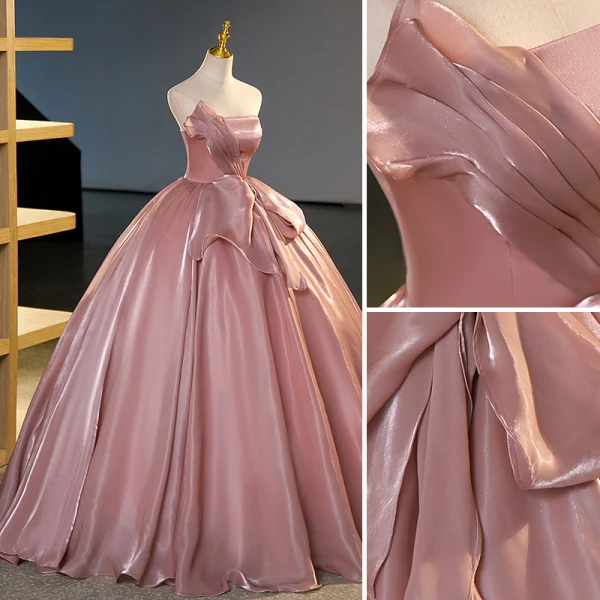 Simple Rose Sombre Organza Robe De Bal 2023 Robe Boule Bustier Sans Manches Dos Nu Longue Promo Robe De Ceremonie