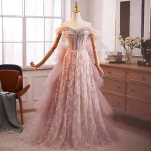 Uroczy Rumieniąc Różowy Frezowanie Perła Rhinestone Kaskadowe Falbany Sukienki Na Bal 2025 Princessa Przy Ramieniu Bez Rękawów Bez Pleców Długie Sukienki Wizytowe