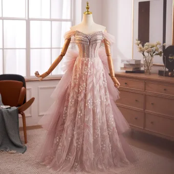 Uroczy Rumieniąc Różowy Frezowanie Perła Rhinestone Kaskadowe Falbany Sukienki Na Bal 2025 Princessa Przy Ramieniu Bez Rękawów Bez Pleców Długie Sukienki Wizytowe