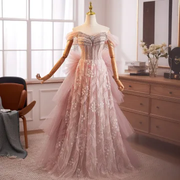 Uroczy Rumieniąc Różowy Frezowanie Perła Rhinestone Kaskadowe Falbany Sukienki Na Bal 2025 Princessa Przy Ramieniu Bez Rękawów Bez Pleców Długie Sukienki Wizytowe