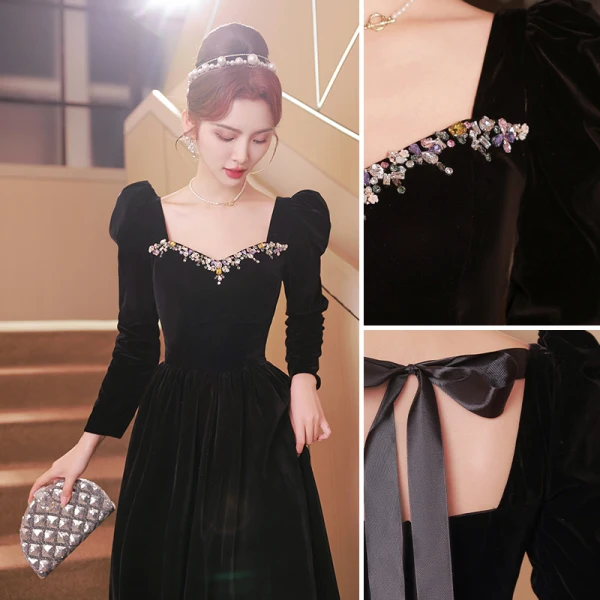 Elegante Schwarz Wildleder Abendkleider 2023 A Linie Eckiger Ausschnitt Strass Rückenfreies Schleife Lange Ärmel Lange Ball Festliche Kleider