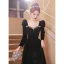 Elegante Schwarz Wildleder Abendkleider 2023 A Linie Eckiger Ausschnitt Strass Rückenfreies Schleife Lange Ärmel Lange Ball Festliche Kleider