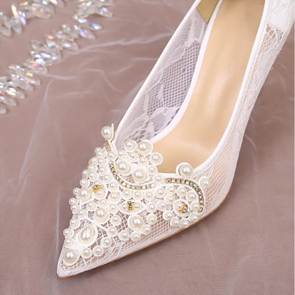 Chic / Beautiful White Pearl Rhinestone Lace Flower Wedding Shoes 2023 8 cm Stiletto Heels Pointed Toe Wedding Pumps High Heels