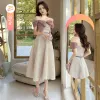 Modest / Simple Beige Bridesmaid Dresses 2022 A-Line / Princess Short Sleeve Backless Tea-length Bridesmaid