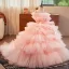 Fashion Blushing Pink Cascading Ruffles Birthday Flower Girl Dresses 2025 Ball Gown Spaghetti Straps Sleeveless Backless Bow Sash Court Train