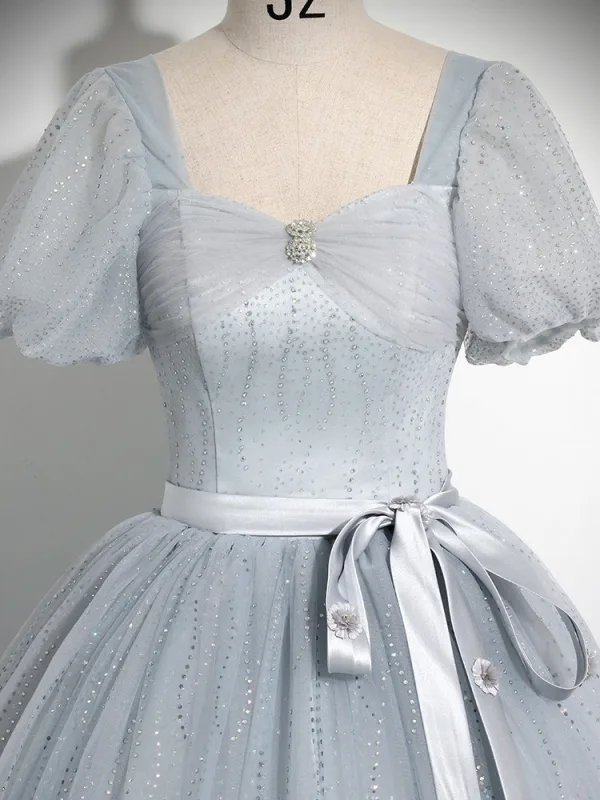 Elegante Grau Pailletten Schleife Stoffgürtel Ballkleider 2025 Ballkleid Eckiger Ausschnitt Geschwollenes Kurze Ärmel Rückenfreies Lange Festliche Kleider