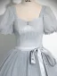Elegante Grau Pailletten Schleife Stoffgürtel Ballkleider 2025 Ballkleid Eckiger Ausschnitt Geschwollenes Kurze Ärmel Rückenfreies Lange Festliche Kleider