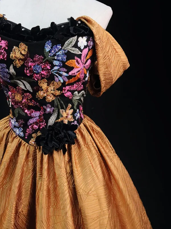 Élégant Doré Paillettes En Dentelle Fleur Robe De Bal 2025 Robe Boule De l'épaule Sans Manches Dos Nu Longue Promo Robe De Ceremonie