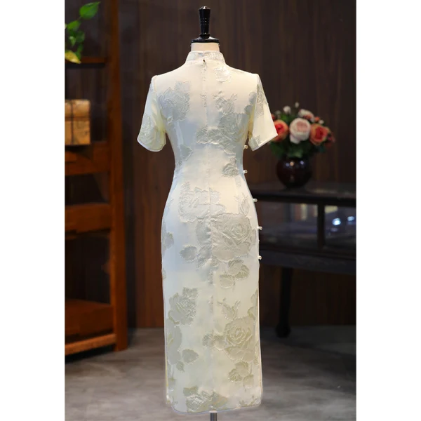 Chinese style Ivory Glitter Printing Evening Party Silk Tea-length Cheongsam / Qipao 2024 Trumpet / Mermaid High Neck Short Sleeve