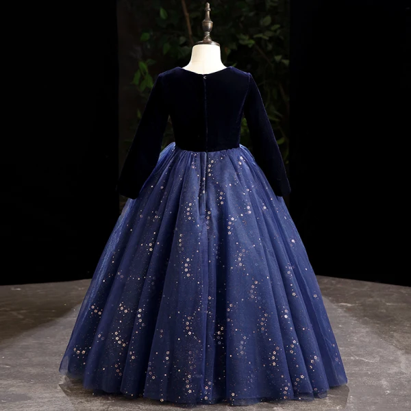 Vintage / Retro Navy Blue Suede Prom Flower Girl Dresses 2022 Ball Gown Scoop Neck Sequins Long Sleeve Floor-Length / Long Flower Girl Dresses