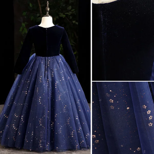 Vintage / Retro Navy Blue Suede Birthday Flower Girl Dresses 2022 Ball Gown Scoop Neck Long Sleeve Sequins Floor-Length / Long Flower Girl Dresses