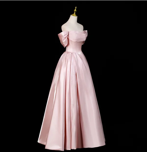 Chic / Beautiful Blushing Pink Pearl Satin Prom Dresses 2025 A-Line / Princess Off-The-Shoulder Short Sleeve Backless Floor-Length / Long Formal Dresses