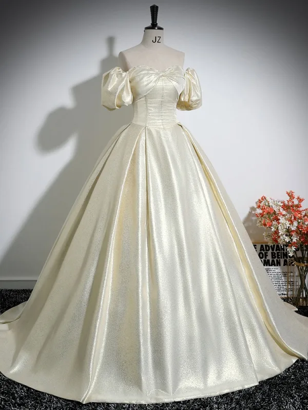 Elegant Champagne Satin Prom Dresses 2024 Ball Gown Off-The-Shoulder Short Sleeve Backless Floor-Length / Long Prom Formal Dresses