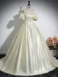 Elegant Champagne Satin Prom Dresses 2024 Ball Gown Off-The-Shoulder Short Sleeve Backless Floor-Length / Long Prom Formal Dresses