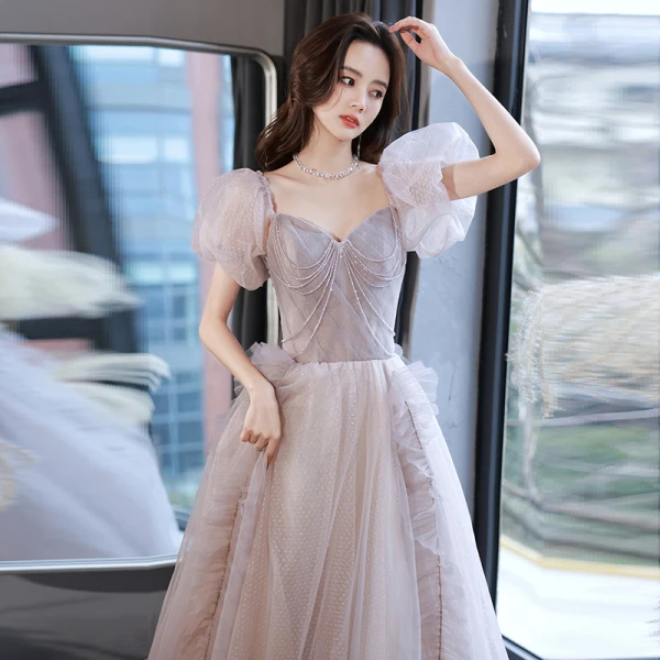 Chic / Beautiful Lavender Rhinestone Prom Dresses 2022 A-Line / Princess Square Neckline Puffy Short Sleeve Backless Floor-Length / Long Formal Dresses