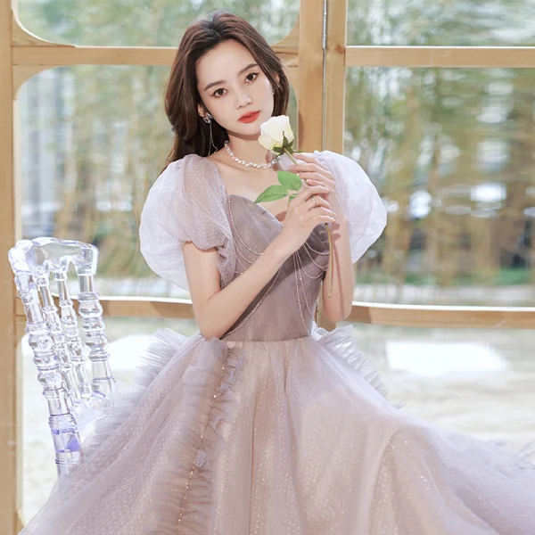 Chic / Beautiful Lavender Rhinestone Prom Dresses 2022 A-Line / Princess Square Neckline Puffy Short Sleeve Backless Floor-Length / Long Formal Dresses