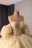 Luxury / Gorgeous Sparkly Champagne Beading Pearl Sequins Ruffle Wedding Dresses 2026 Ball Gown Sweetheart Sleeveless Backless Bow Chapel Train