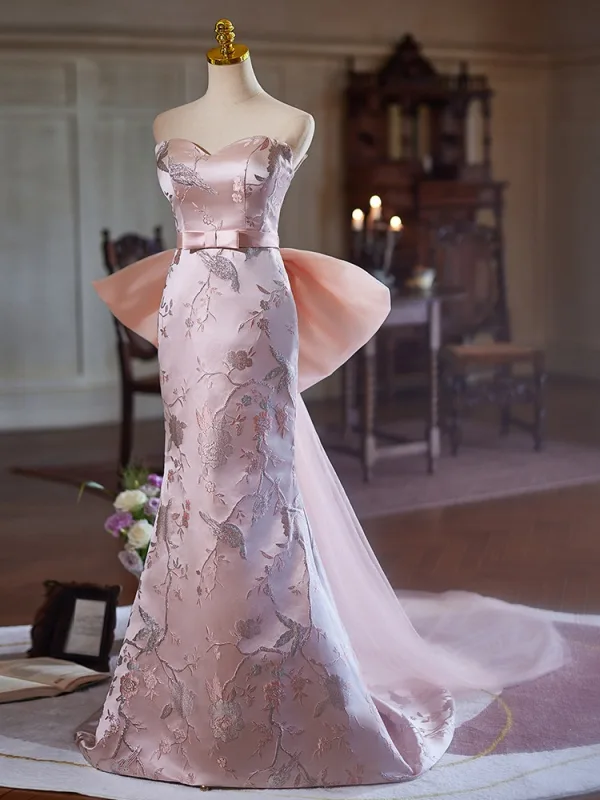 Chic / Belle Rougissant Rose En Dentelle Fleur Robe De Soirée 2024 Trompette / Sirène Bustier Sans Manches Dos Nu Noeud Train De Balayage Soirée Robe De Ceremonie