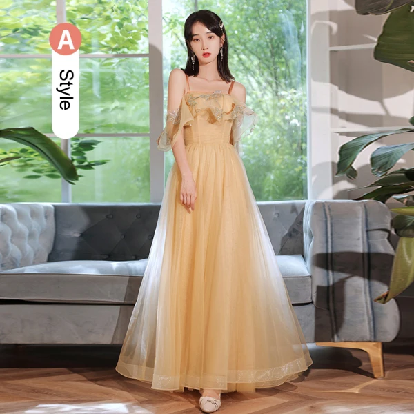 Modest / Simple Champagne Lace Flower Bridesmaid Dresses 2023 A-Line / Princess Short Sleeve Backless Floor-Length / Long Bridesmaid Dresses