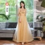 Modest / Simple Champagne Lace Flower Bridesmaid Dresses 2023 A-Line / Princess Short Sleeve Backless Floor-Length / Long Bridesmaid Dresses