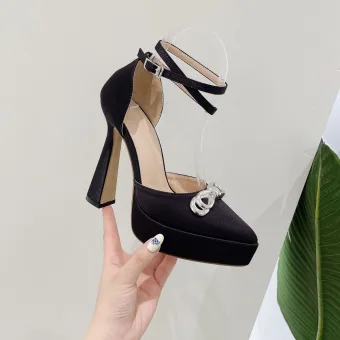 Charmant Noire Soirée Faux Diamant Noeud Sandales Femme 2023 Bride Cheville 13 Cm Talons Aiguilles À Bout Pointu Sandales Talons Hauts
