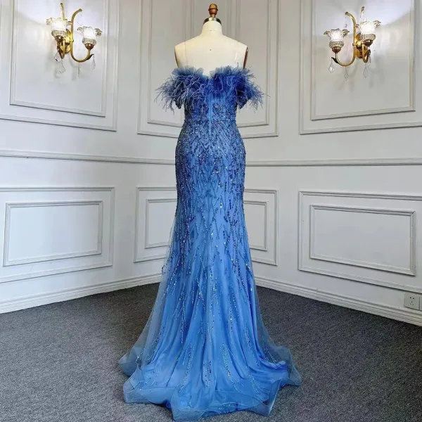 High End Meeresblau Handgefertigt Perlenstickerei Pailletten Gespaltete Front Ballkleider 2024 Meerjungfrau Bandeau Kurze Ärmel Rückenfreies Lange Ball Festliche Kleider